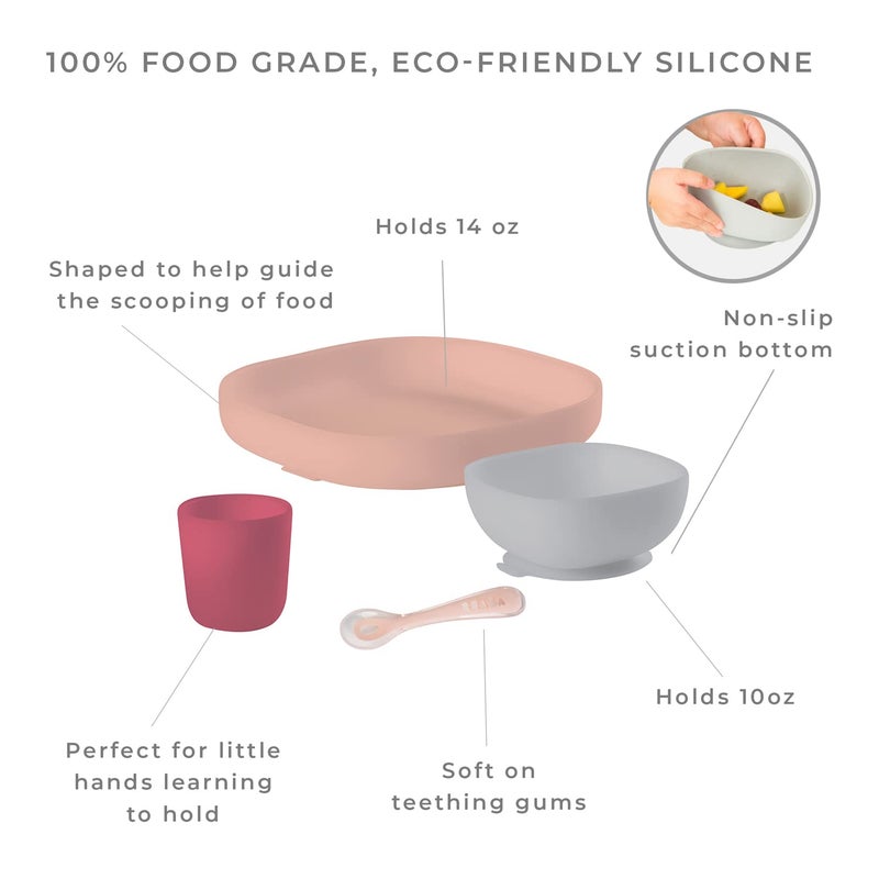 BEABA 100% Silicone 4-Piece Baby Feeding Set, Suction Plates for Baby, Includes Baby Plate, Baby Bowl, Baby Cup, 2nd Stage Silicone Spoon, Made w/High Quality Silicone, Baby Must Haves, Rose - Image 2
