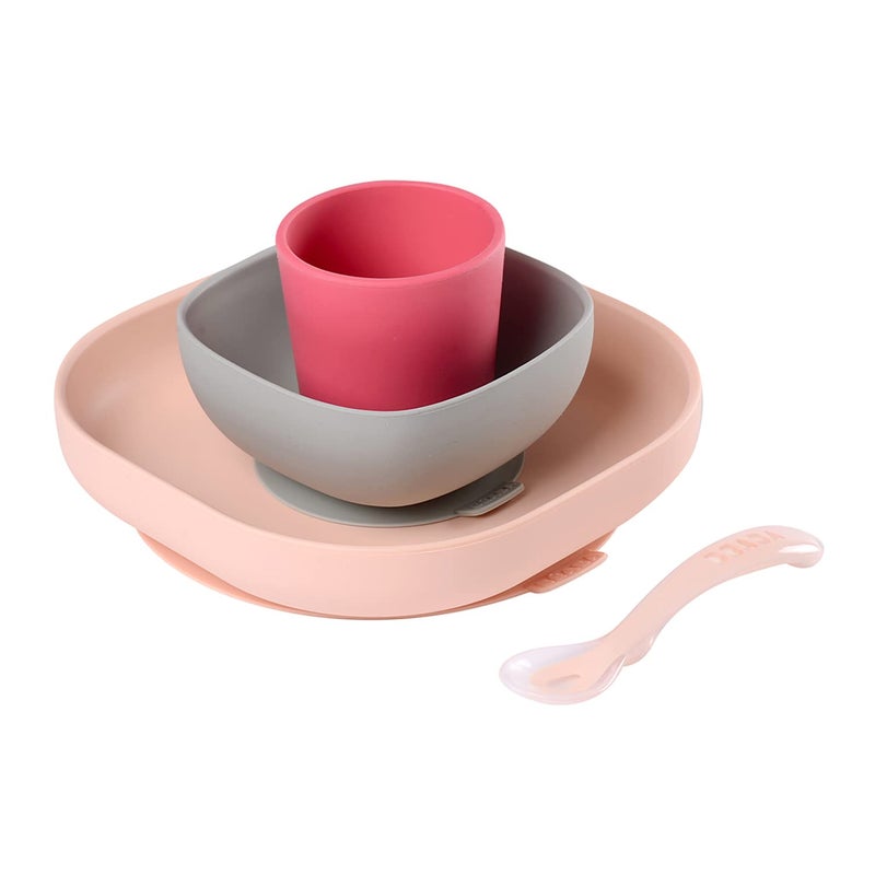 BEABA 100% Silicone 4-Piece Baby Feeding Set, Suction Plates for Baby, Includes Baby Plate, Baby Bowl, Baby Cup, 2nd Stage Silicone Spoon, Made w/High Quality Silicone, Baby Must Haves, Rose - Image 1