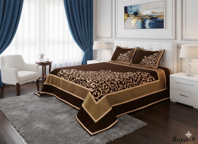 Fresh From Loom Chenille Velvet Abstract 500 TC Heavy Bedsheet for Double Bed King Size - 90 x 100 inch Coffee Color with 2 Pillow Covers - Image 1