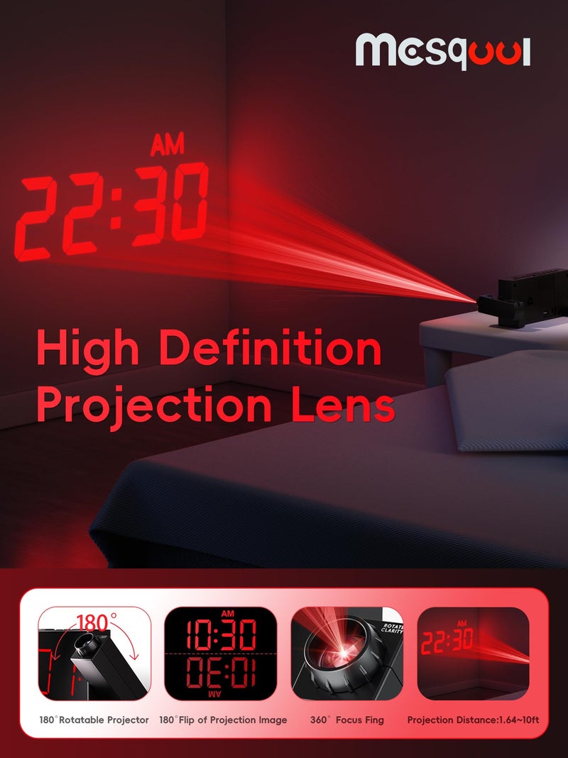 Mesqool Projection Alarm Clock, Loud Vibrating Alarm Clock for Heavy Sleepers, Adjustable Projection Brightness,Hearing Impaired & Deaf People, Digital Alarm Clock with USB Charging Port - Image 3