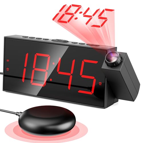 Mesqool Projection Alarm Clock, Loud Vibrating Alarm Clock for Heavy Sleepers, Adjustable Projection Brightness,Hearing Impaired & Deaf People, Digital Alarm Clock with USB Charging Port - Image 1