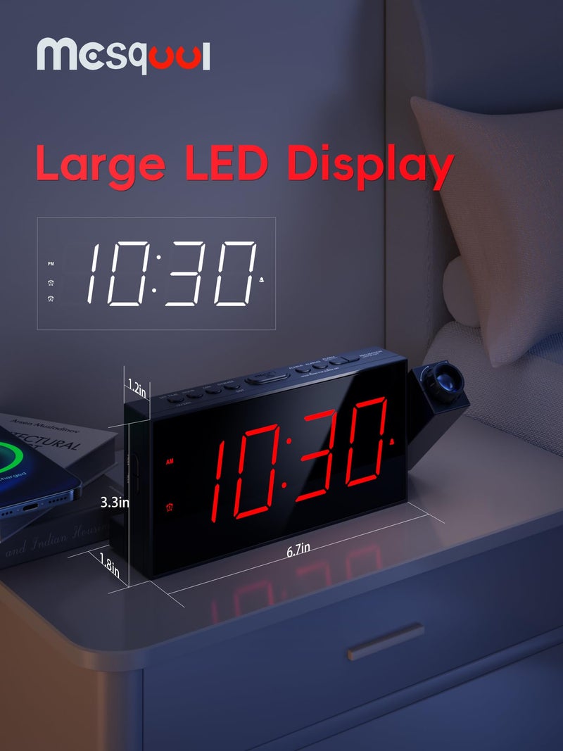 Mesqool Projection Alarm Clock, Loud Vibrating Alarm Clock for Heavy Sleepers, Adjustable Projection Brightness,Hearing Impaired & Deaf People, Digital Alarm Clock with USB Charging Port - Image 2