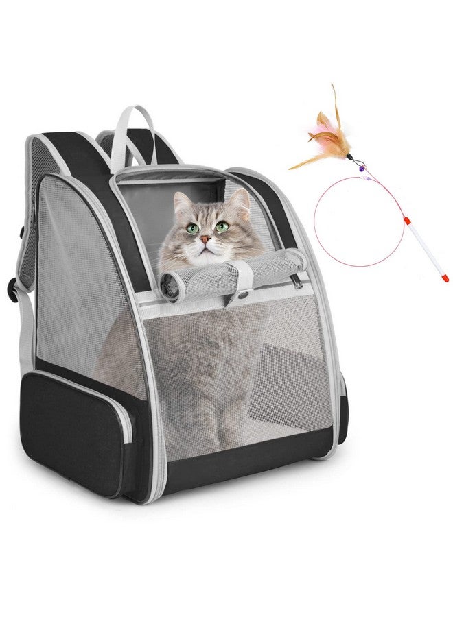 SSAWcasa Cat Backpack Carrier, Large Pet Backpack with Kitten Wand Feather Toy for Medium Small Dog Cat Puppy Kitty Bunny up to 15lbs, Ventilated Mesh Dog Travel Carrier for Hiking Walking Outdoor Use (Black) - Image 1