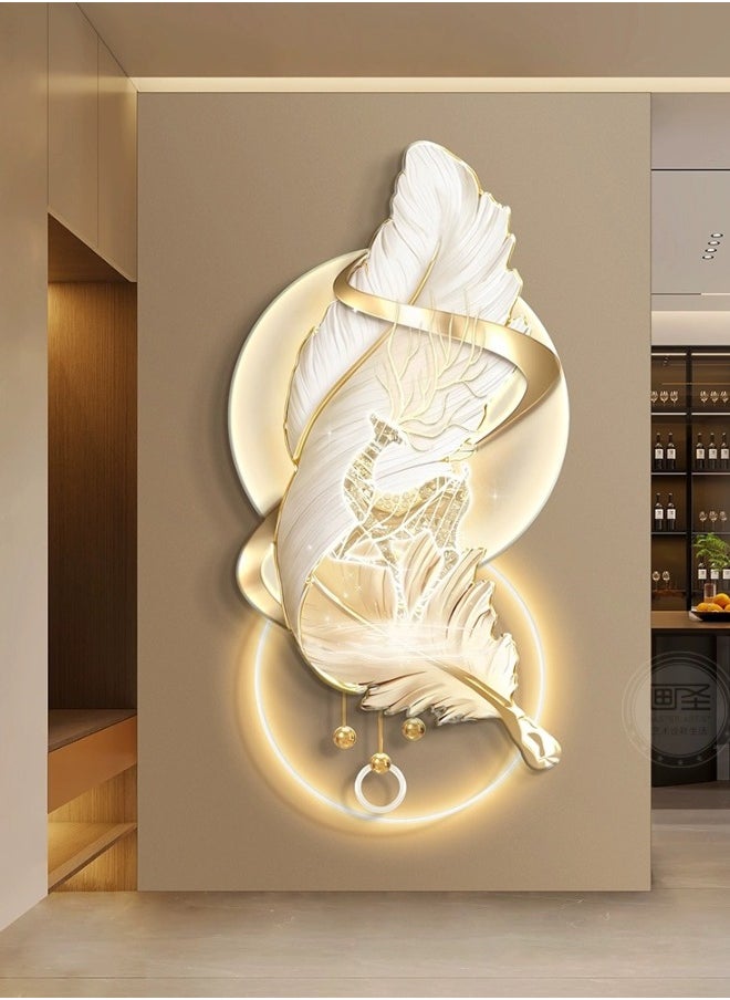 شي ون - لوحة حائط فنية مضيئة LED بتصميم ريشات ذهبية وبيضاء - Image 1