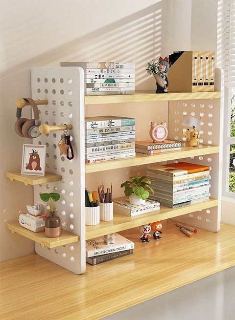Desktop Bookshelf Organizer with Hole Plate 3 Tier Desktop Display Shelf, Computer Desktop Bookcase, Wooden Multipurpose Bookshelf, DIY Desk Organizer for Office Home(3 Tier)