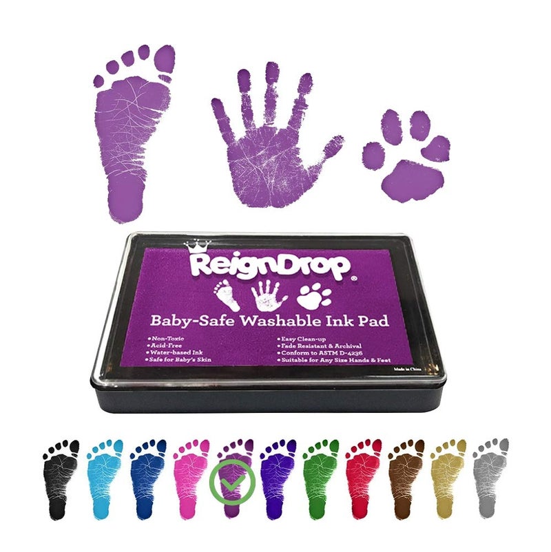 ReignDrop Ink Pad for Baby Footprint & Handprint - Creates Impressive Long Lasting Keepsake Stamp for Infant & Kids. Smudge Proof, Easy to Wipe Off Skin, Safe & Gentle Acid Free(Purple) - Image 1