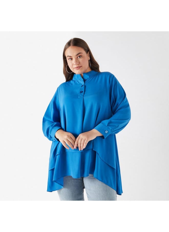 Ulla Popken Plus Size Ulla Popken Solid High Low Top with Long Sleeves  - Image 1