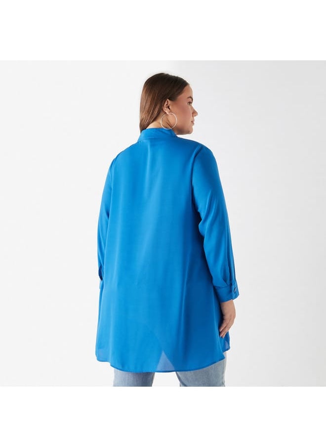 Ulla Popken Plus Size Ulla Popken Solid High Low Top with Long Sleeves  - Image 3