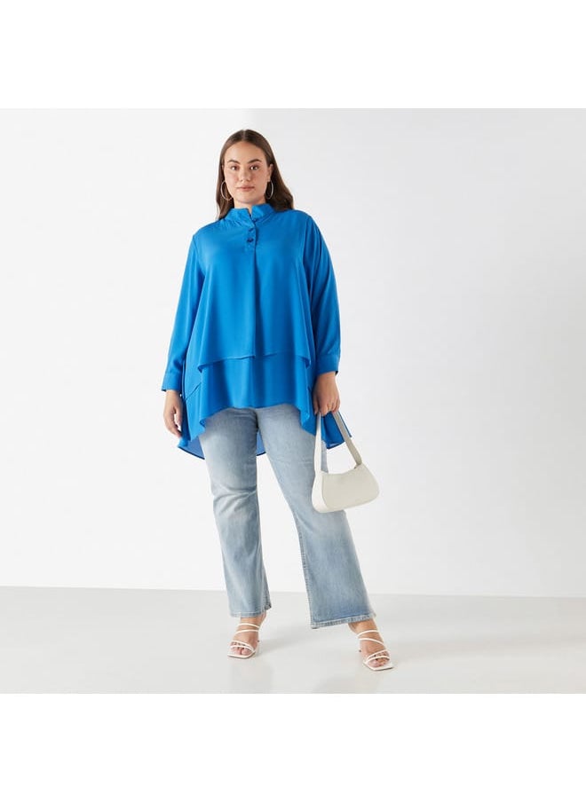 Ulla Popken Plus Size Ulla Popken Solid High Low Top with Long Sleeves  - Image 2