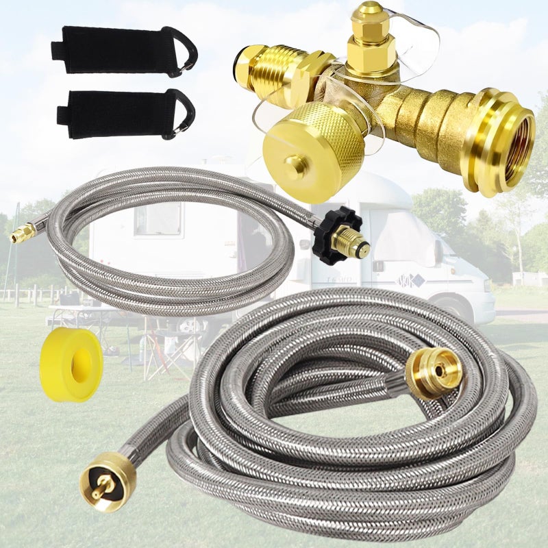 Swess Extend a Stay RV Propane Kit Propane Brass Tee Kit with 5FT 12FT Stainless Braided Hoses RV Propane Tank 4Port Adapter Kit Connecting Auxiliary Propane Cylinders - Image 2