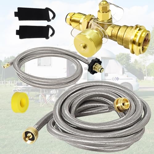 Swess Extend a Stay RV Propane Kit Propane Brass Tee Kit with 5FT 12FT Stainless Braided Hoses RV Propane Tank 4Port Adapter Kit Connecting Auxiliary Propane Cylinders - Image 1
