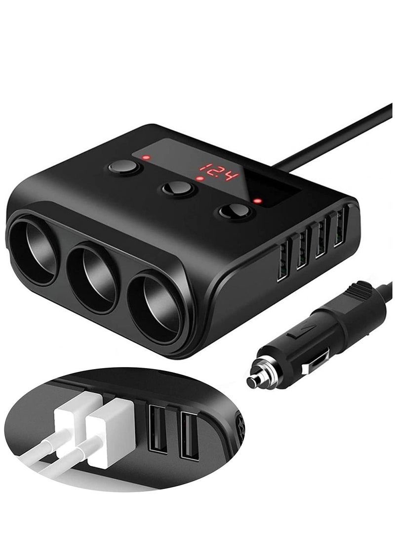 KASTWAVE 3 Socket Car Lighter Adapter 12V/24V 100W Car Lighter Splitter 3.1A 4 USB Port Car Charger with Separate Switch and LED Voltage Display for Mobile Phone  - Image 1