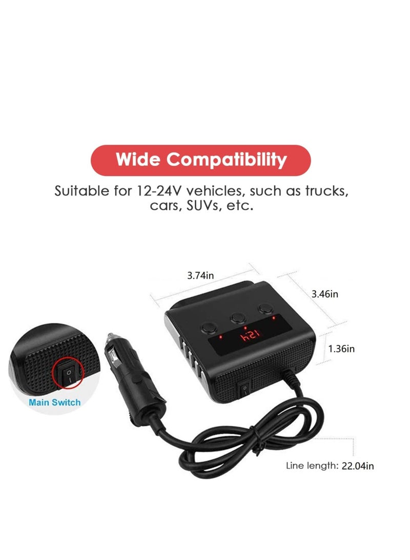 KASTWAVE 3 Socket Car Lighter Adapter 12V/24V 100W Car Lighter Splitter 3.1A 4 USB Port Car Charger with Separate Switch and LED Voltage Display for Mobile Phone  - Image 2