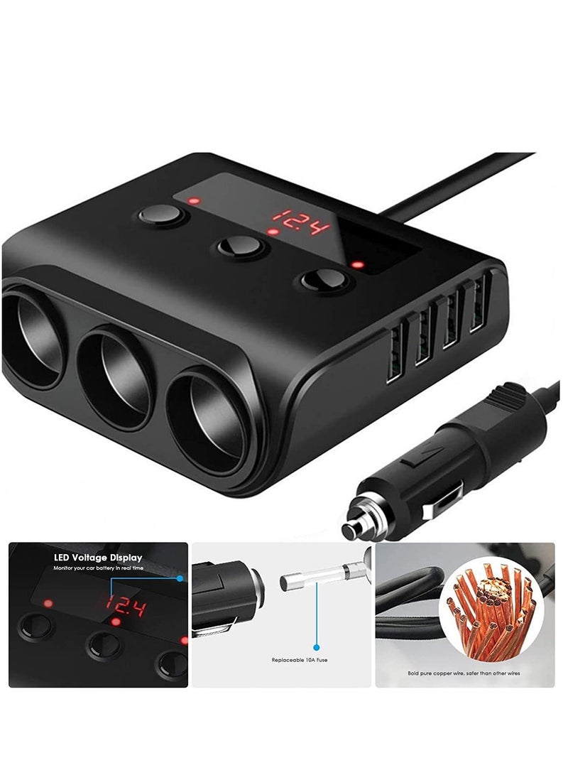 KASTWAVE 3 Socket Car Lighter Adapter 12V/24V 100W Car Lighter Splitter 3.1A 4 USB Port Car Charger with Separate Switch and LED Voltage Display for Mobile Phone  - Image 5