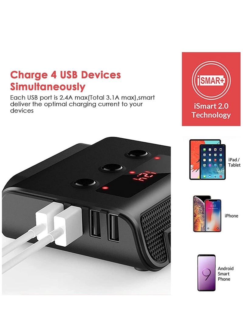 KASTWAVE 3 Socket Car Lighter Adapter 12V/24V 100W Car Lighter Splitter 3.1A 4 USB Port Car Charger with Separate Switch and LED Voltage Display for Mobile Phone  - Image 3