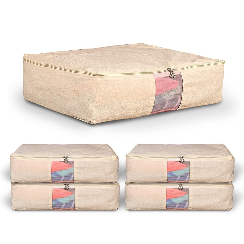 Solstice Cotton Clothes Storage Box/Covers/Bags With Zip (18 X 16 X 4.5 Inch) As Wardrobe Organizer For Huge Silk Saree/Big Lehenga/Dresses/Shirts/Trousers/Gown/Quilts - Pack Of (5), Beige - Image 1