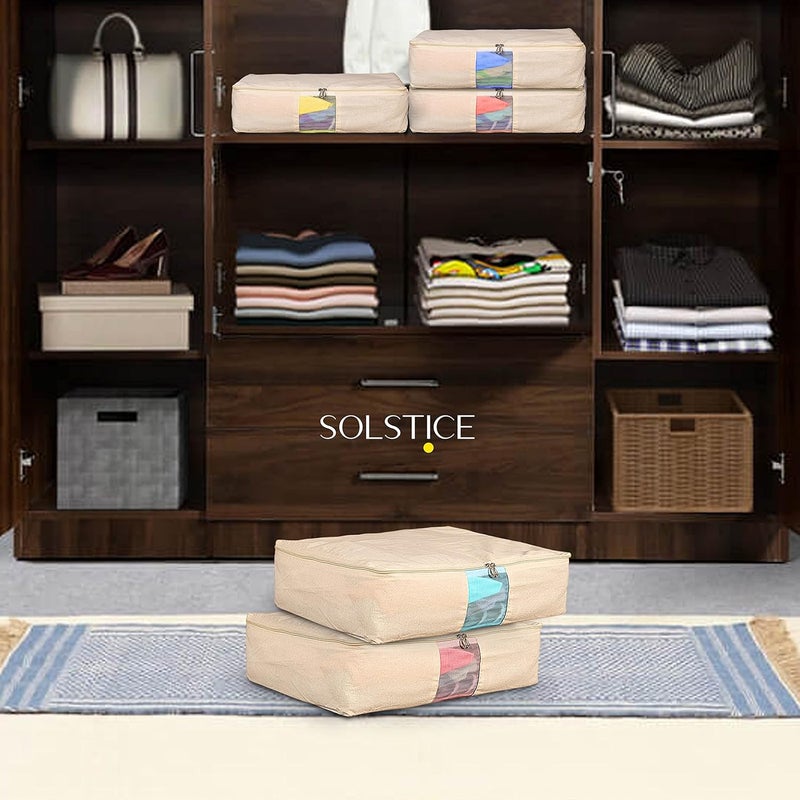 Solstice Cotton Clothes Storage Box/Covers/Bags With Zip (18 X 16 X 4.5 Inch) As Wardrobe Organizer For Huge Silk Saree/Big Lehenga/Dresses/Shirts/Trousers/Gown/Quilts - Pack Of (5), Beige - Image 4