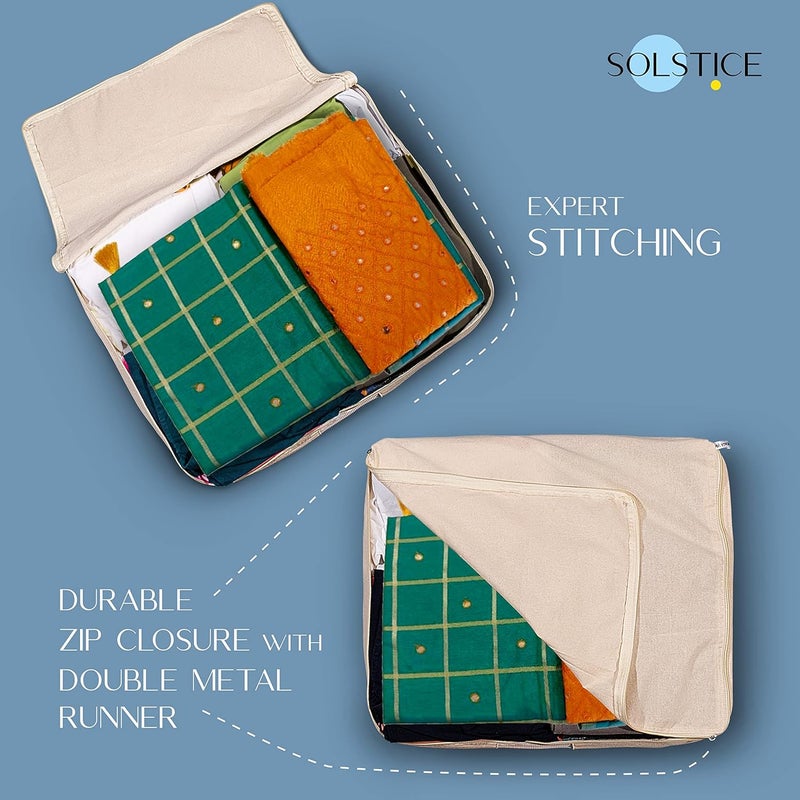 Solstice Cotton Clothes Storage Box/Covers/Bags With Zip (18 X 16 X 4.5 Inch) As Wardrobe Organizer For Huge Silk Saree/Big Lehenga/Dresses/Shirts/Trousers/Gown/Quilts - Pack Of (5), Beige - Image 3
