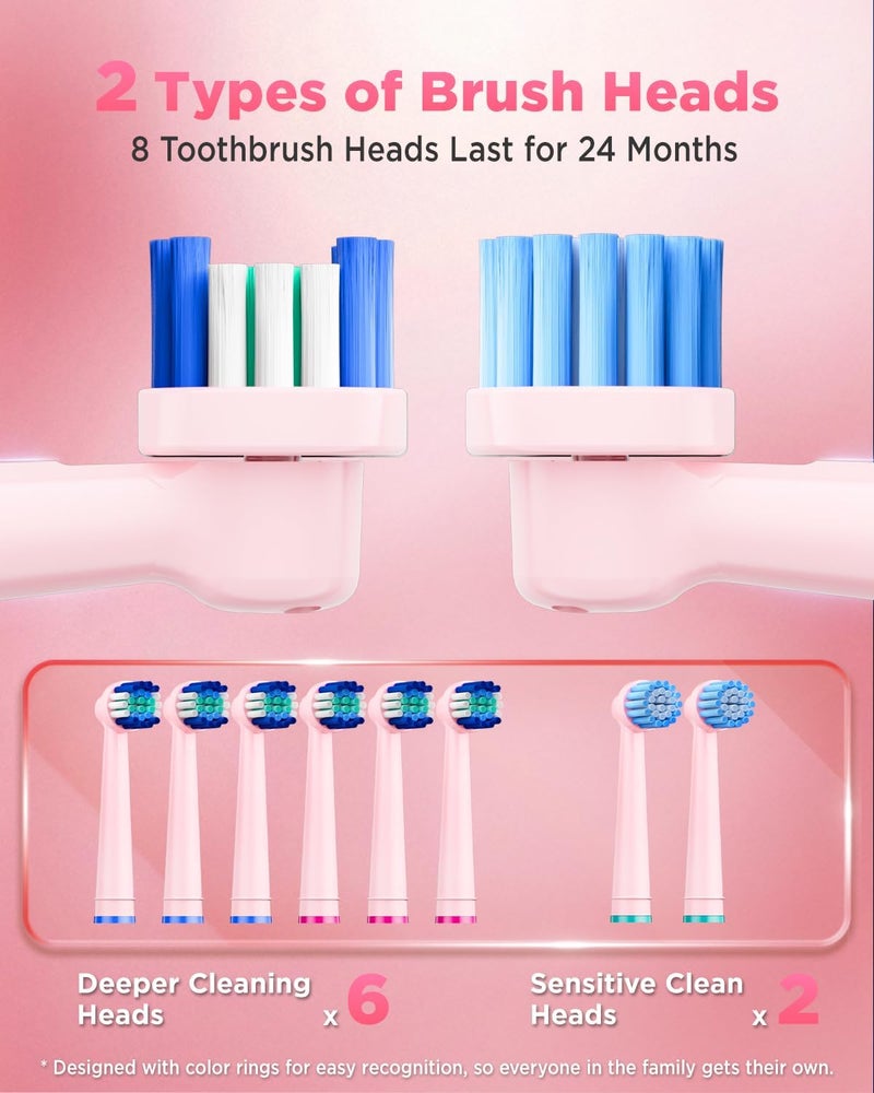 YTEATH PRO Electric Toothbrush for Adults Children - Rotating Toothbrush with 3 Intensities 5 Modes, 8 Brush Heads, IPX7 Waterproof, Travel Electric Toothbrush, Pink - Image 3