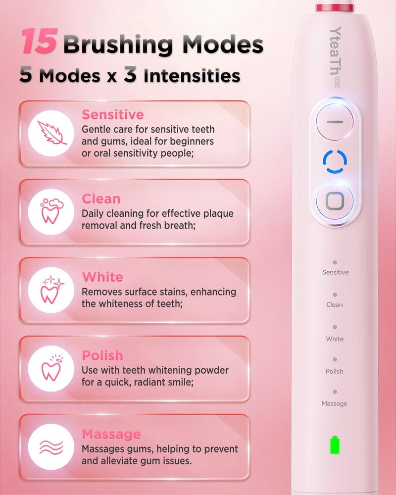 YTEATH PRO Electric Toothbrush for Adults Children - Rotating Toothbrush with 3 Intensities 5 Modes, 8 Brush Heads, IPX7 Waterproof, Travel Electric Toothbrush, Pink - Image 4