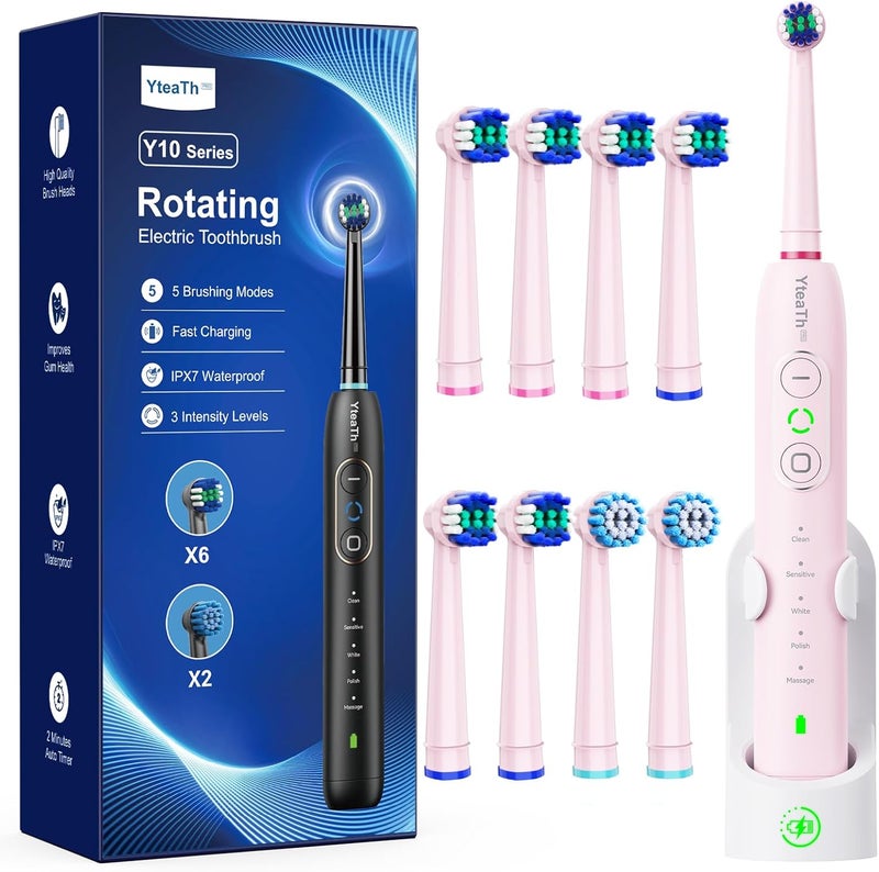 YTEATH PRO Electric Toothbrush for Adults Children - Rotating Toothbrush with 3 Intensities 5 Modes, 8 Brush Heads, IPX7 Waterproof, Travel Electric Toothbrush, Pink - Image 1
