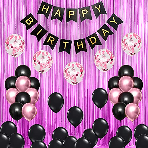 Pop The Party Black Birthday Party Decorations Set with Black Birthday Banner Pink Curtains, Pink Confetti and Black Pink Latex Balloon Set of 63 Pack for Birthday Supplies - Image 1