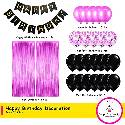 Pop The Party Black Birthday Party Decorations Set with Black Birthday Banner Pink Curtains, Pink Confetti and Black Pink Latex Balloon Set of 63 Pack for Birthday Supplies - Image 2