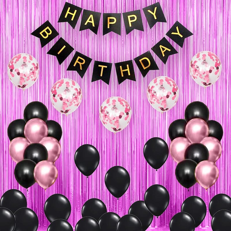 Pop The Party Black Birthday Party Decorations Set with Black Birthday Banner Pink Curtains, Pink Confetti and Black Pink Latex Balloon Set of 63 Pack for Birthday Supplies - Image 4