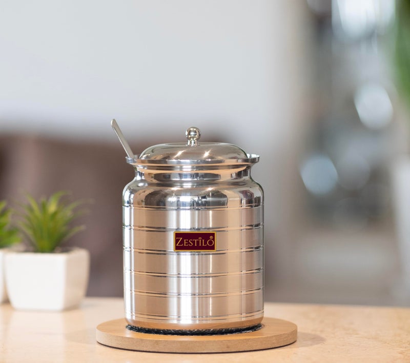ZESTILO Ghee container with spoon, ghee container, ghee pot, oil dispenser for kitchen, ghee pot steel Oil Dispenser, Platinum Finish (600 ml) - Image 1