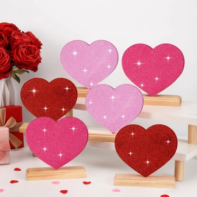 Yousoontic 6 Pcs Valentine Day Wooden Heart Signs Wood Heart Blocks Tiered Tray Decor Red Pink Table Centerpieces Farmhouse Home Kitchen Valentine Gift Tiered Tray Decor for Home Office Mantel - Image 5
