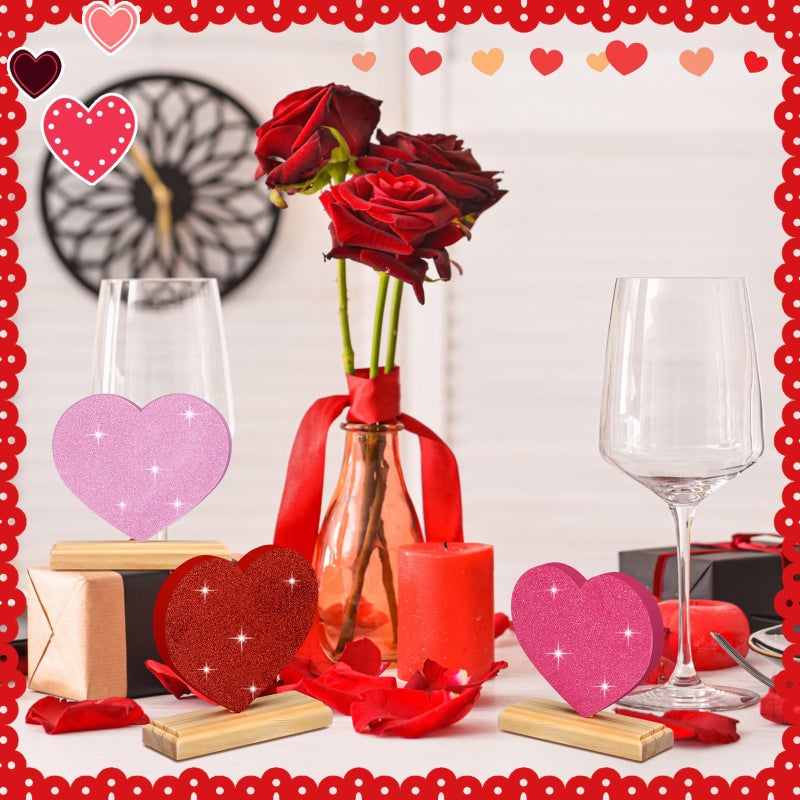 Yousoontic 6 Pcs Valentine Day Wooden Heart Signs Wood Heart Blocks Tiered Tray Decor Red Pink Table Centerpieces Farmhouse Home Kitchen Valentine Gift Tiered Tray Decor for Home Office Mantel - Image 3