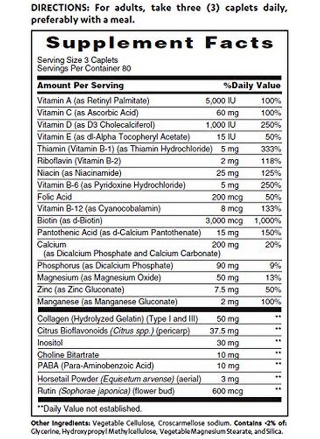 VITAMIN WORLD Hair Skin And Nails Formula 240 Caplets Type I And Iii Collagen 3000Mcg Biotin Antioxidant Coated Gluten Free  - Image 3