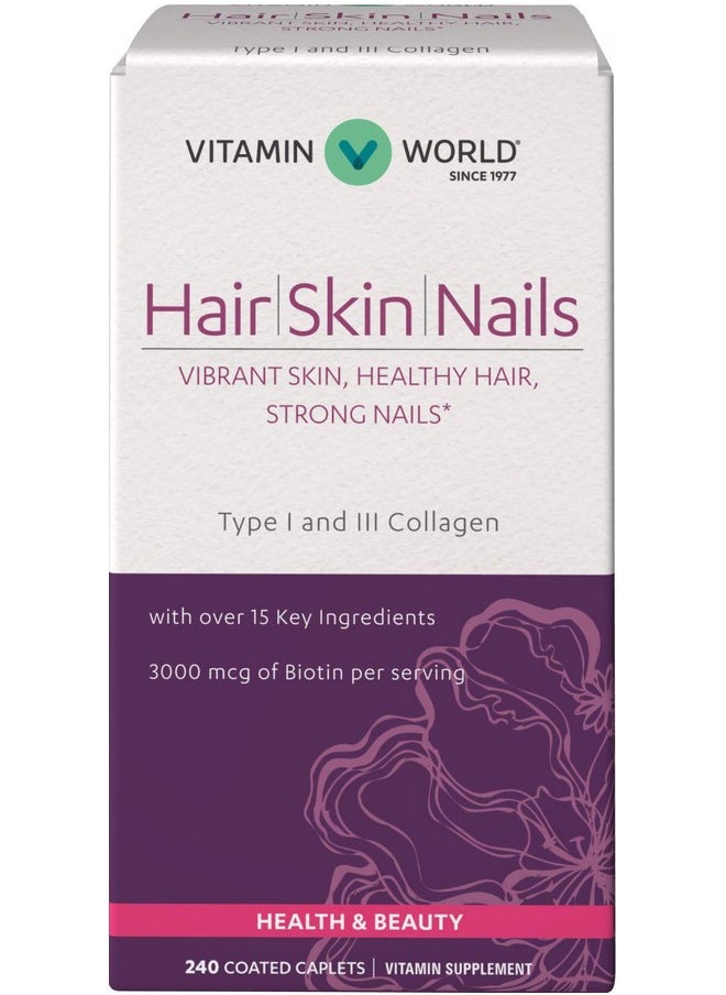 VITAMIN WORLD Hair Skin And Nails Formula 240 Caplets Type I And Iii Collagen 3000Mcg Biotin Antioxidant Coated Gluten Free  - Image 2