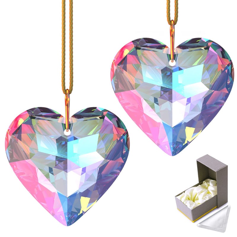 GOLDENHAITAI Clear Crystal Suncatcher 2pc 45mm Heart Handmade Prism Pendant for Windows Outdoor Indoor Hanging Ornament Rainbow Maker Gifts for Mom Grandma Friends 2 Hearts Clear