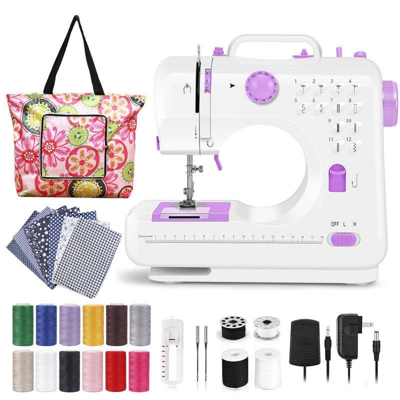 Dechow Sewing Machine for Beginners Electric Mini Portable 12 Builtin Stitches with Reverse Sewing 2 Speeds Double Thread with Foot Pedal Storage Bag Cotton Fabric and ThreadsPremium Set