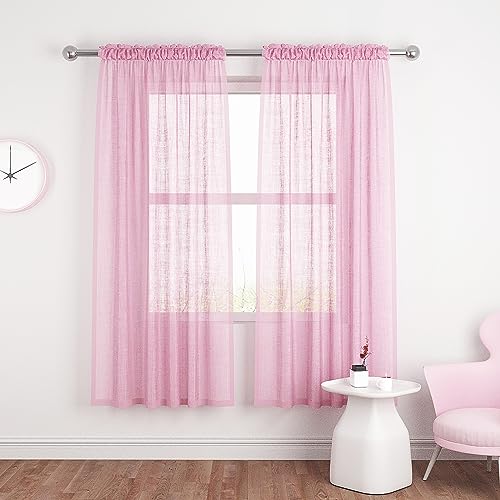 UPOPO Pink Sheer Curtains Girls Room 72 inches Long Living Room Curtain Sheers Basement 2 Panels Kitchen Dining Voile Transparent Nursery Bedroom Drapes Linen Textured Rod Pocket Window Treatment Set - Image 1
