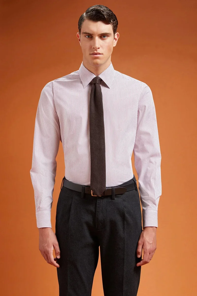 Men's regular fit classic shirt in yarn-dyed technical fabric with a classic collar - White/DK Brown