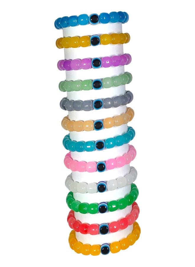 REGLET Pack of 12 - Cylinder Shaped Glass Bead Bracelet Set with Evil Eye Bead - Mullticolour - Stretchable Bracelets for Women, Girls Stylish - Adjustable - Bead Size 8x11mm - Image 1