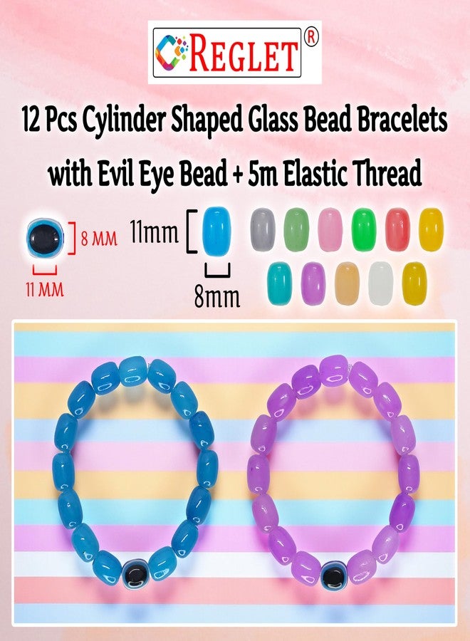 REGLET Pack of 12 - Cylinder Shaped Glass Bead Bracelet Set with Evil Eye Bead - Mullticolour - Stretchable Bracelets for Women, Girls Stylish - Adjustable - Bead Size 8x11mm - Image 3