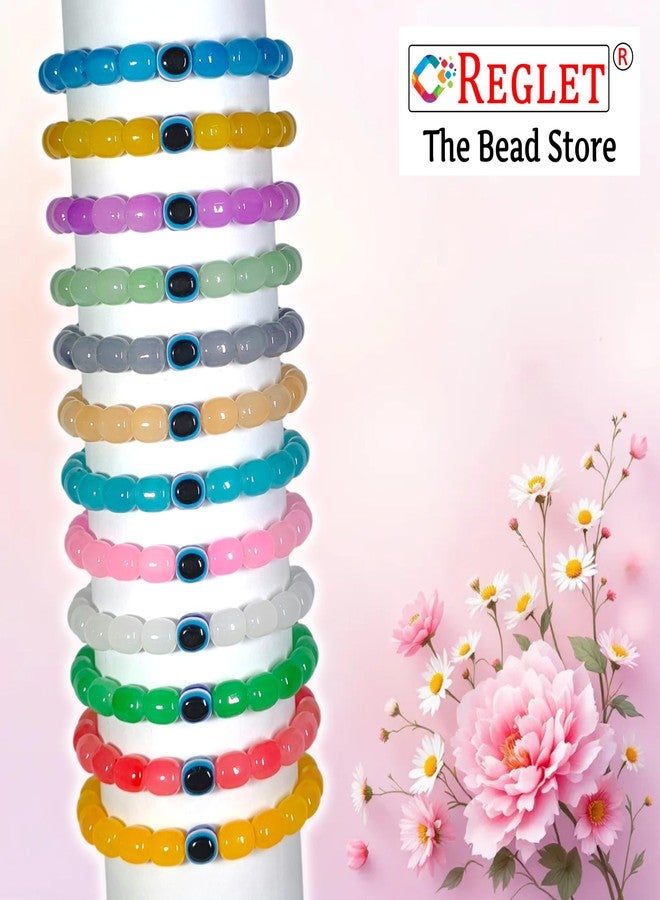REGLET Pack of 12 - Cylinder Shaped Glass Bead Bracelet Set with Evil Eye Bead - Mullticolour - Stretchable Bracelets for Women, Girls Stylish - Adjustable - Bead Size 8x11mm - Image 5