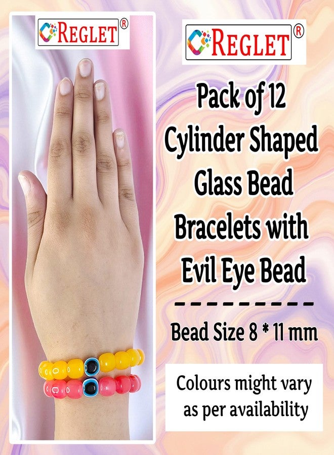 REGLET Pack of 12 - Cylinder Shaped Glass Bead Bracelet Set with Evil Eye Bead - Mullticolour - Stretchable Bracelets for Women, Girls Stylish - Adjustable - Bead Size 8x11mm - Image 2