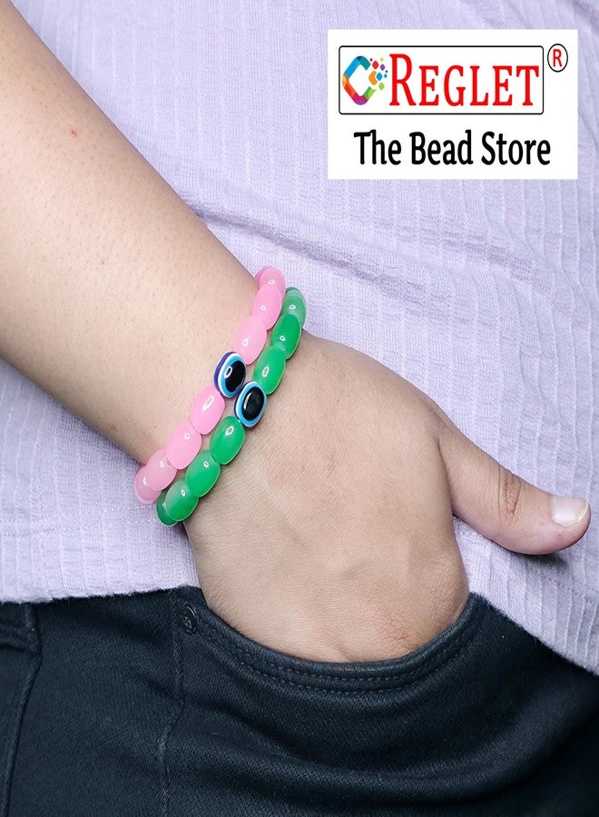 REGLET Pack of 12 - Cylinder Shaped Glass Bead Bracelet Set with Evil Eye Bead - Mullticolour - Stretchable Bracelets for Women, Girls Stylish - Adjustable - Bead Size 8x11mm - Image 4