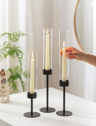 Romadedi Black Candlestick Holders Hurricane Metal Taper Candle Holder Tall Windproof Glass Cylinder for Indoor Outdoor Table Centerpiece Christmas Halloween Modern Home Decor Set of 3 - Image 3