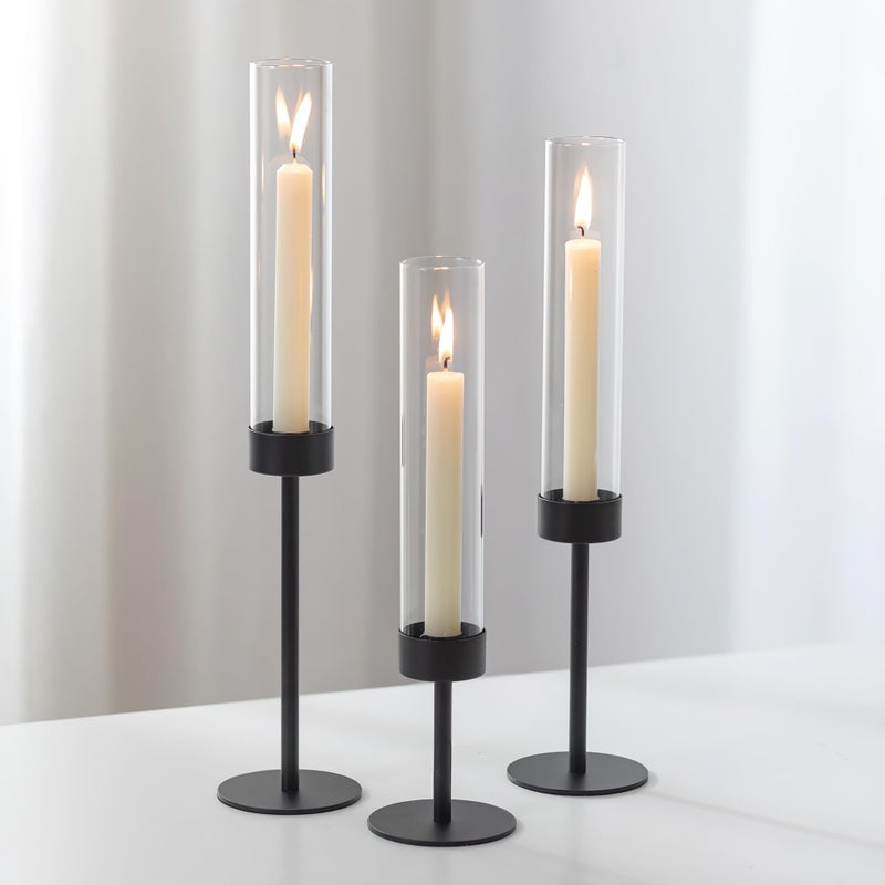 Romadedi Black Candlestick Holders Hurricane Metal Taper Candle Holder Tall Windproof Glass Cylinder for Indoor Outdoor Table Centerpiece Christmas Halloween Modern Home Decor Set of 3 - Image 2