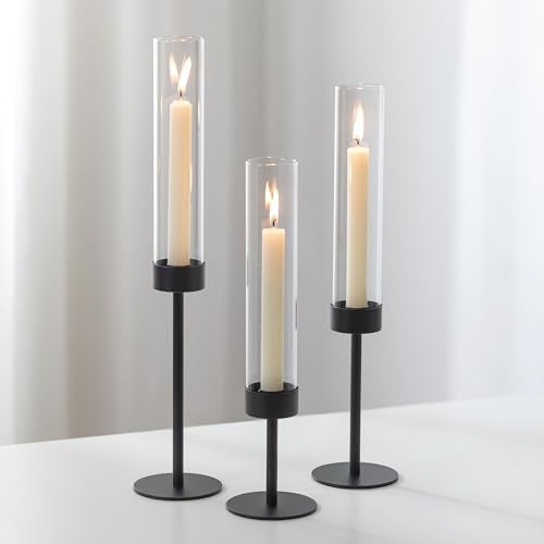 Romadedi Black Candlestick Holders Hurricane Metal Taper Candle Holder Tall Windproof Glass Cylinder for Indoor Outdoor Table Centerpiece Christmas Halloween Modern Home Decor Set of 3 - Image 1