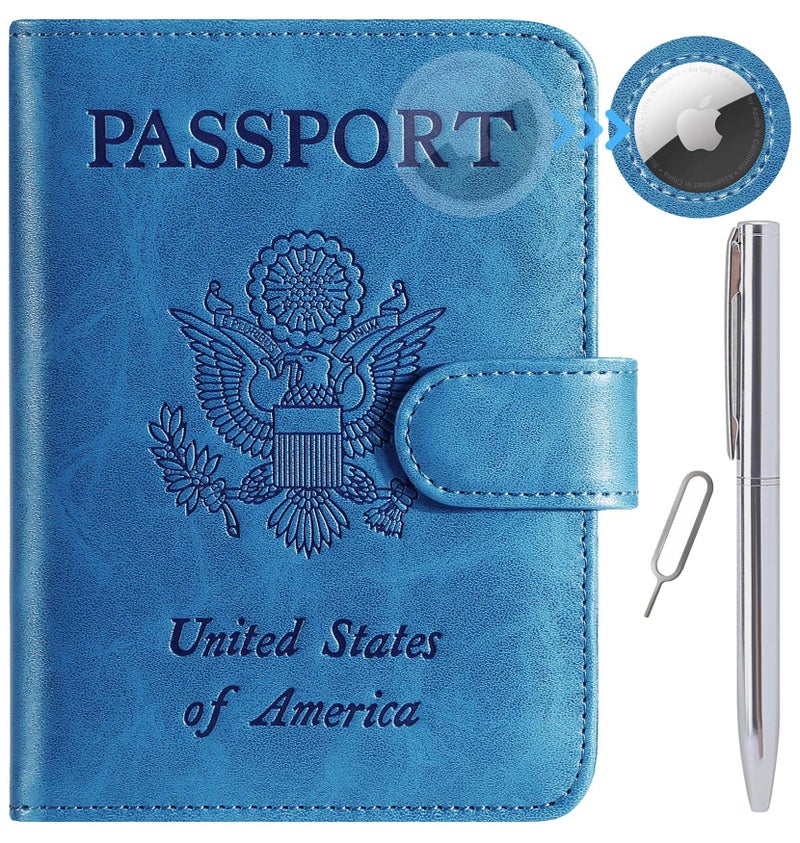 PASCACOO Airtag Passport Holder Cover Wallet RFID Blocking Leather Case Travel Essentials Luggage Accessories Travel Must Have(118#Blue) - Image 1