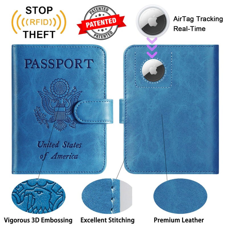 PASCACOO Airtag Passport Holder Cover Wallet RFID Blocking Leather Case Travel Essentials Luggage Accessories Travel Must Have(118#Blue) - Image 2