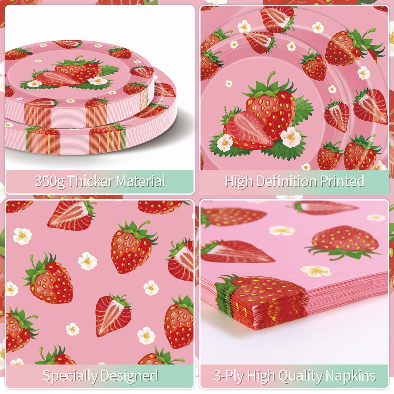 Litmitfu 40 Pcs Strawberry Plates and Napkins Sets, Strawberries Dinner Dessert Paper Plates Summer Berry Napkins Tableware Kit for Fruit Strawberry Party Birthday Decorations Supplies Table Decor, Serve 20 - Image 4