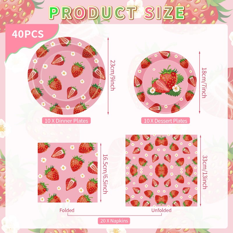 Litmitfu 40 Pcs Strawberry Plates and Napkins Sets, Strawberries Dinner Dessert Paper Plates Summer Berry Napkins Tableware Kit for Fruit Strawberry Party Birthday Decorations Supplies Table Decor, Serve 20 - Image 3