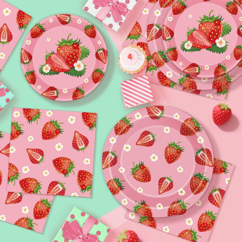 Litmitfu 40 Pcs Strawberry Plates and Napkins Sets, Strawberries Dinner Dessert Paper Plates Summer Berry Napkins Tableware Kit for Fruit Strawberry Party Birthday Decorations Supplies Table Decor, Serve 20 - Image 2